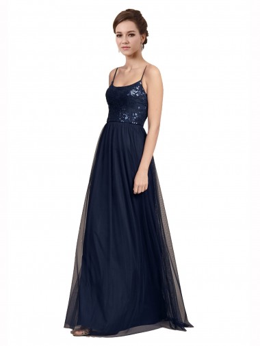 Bleu marine foncé Trapèze Bretelles spaghetti Tulle Dentelle Longue Robes demoiselle d'honneur Pas Cher