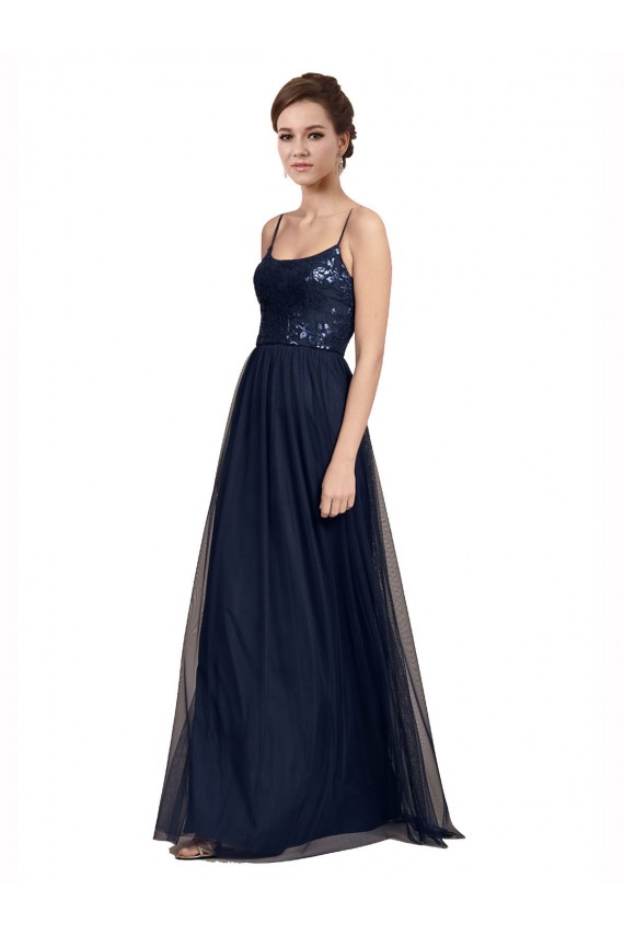 Bleu marine foncé Trapèze Bretelles spaghetti Tulle Dentelle Longue Robes demoiselle d'honneur Pas Cher