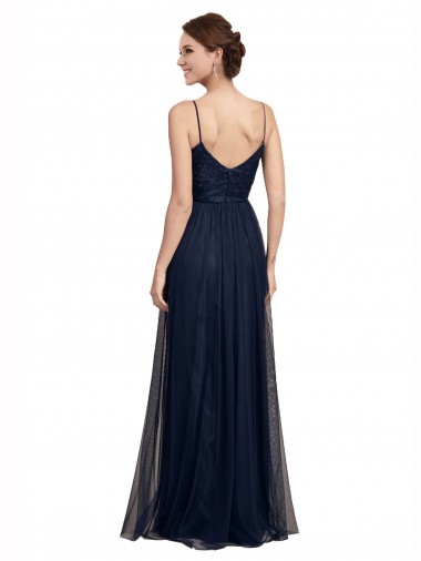 Bleu marine foncé Trapèze Bretelles spaghetti Tulle Dentelle Longue Robes demoiselle d'honneur