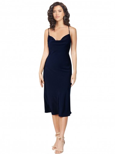 Bleu marine foncé Trapèze Bretelles spaghetti midi Satiné Soyeux Courte Robes demoiselle d'honneur / Robes de soirée / Robes de cocktail Pas Cher