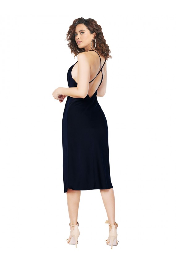 Bleu marine foncé Trapèze Bretelles spaghetti midi Satiné Soyeux Courte Robes demoiselle d'honneur / Robes de soirée / Robes de cocktail Pas Cher