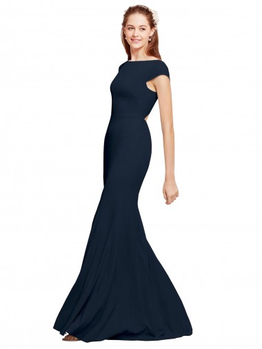 Bleu marine foncé Trapèze Col Bateau Crêpe Stretch Longue Formelles Robes demoiselle d'honneur / Robes de soirée / Robes de bal Pas Cher