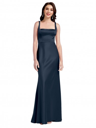 Bleu marine foncé Trapèze Col Carré Satiné Stretch Longue Formelles Robes demoiselle d'honneur / Robes de soirée / Robes de bal Pas Cher