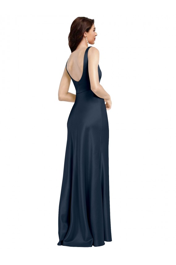 Bleu marine foncé Trapèze Col Carré Satiné Stretch Longue Formelles Robes demoiselle d'honneur / Robes de soirée / Robes de bal Pas Cher