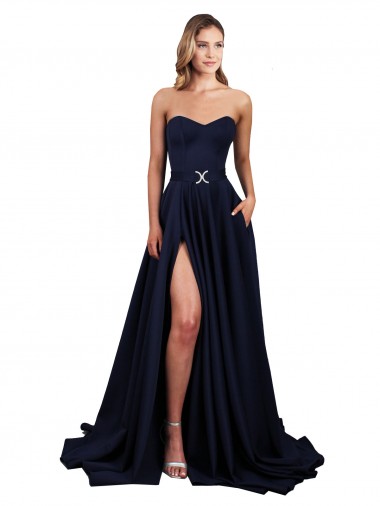 Bleu marine foncé Trapèze Col Haut Crêpe Stretch Longue Formelles Robes demoiselle d'honneur / Robes de soirée / Robes de bal Pas Cher