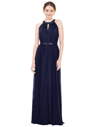 Bleu marine foncé Trapèze Col Haut Mousseline Longue Robes demoiselle d'honneur Pas Cher