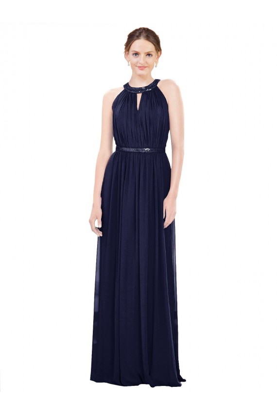 Bleu marine foncé Trapèze Col Haut Mousseline Longue Robes demoiselle d'honneur Pas Cher