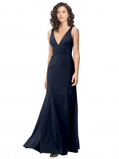 Bleu marine foncé Trapèze Col V Crêpe Stretch Longue Formelles Robes demoiselle d'honneur / Robes de soirée / Robes de bal Pas Cher