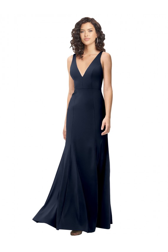 Bleu marine foncé Trapèze Col V Crêpe Stretch Longue Formelles Robes demoiselle d'honneur / Robes de soirée / Robes de bal Pas Cher
