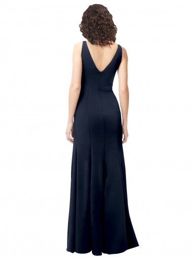 Bleu marine foncé Trapèze Col V Crêpe Stretch Longue Formelles Robes demoiselle d'honneur / Robes de soirée / Robes de bal