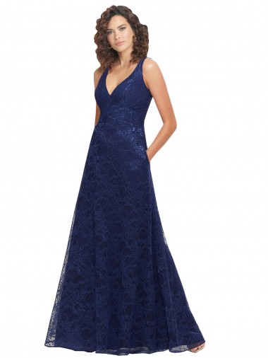 Bleu marine foncé Trapèze Col V Dentelle Longue Robes demoiselle d'honneur Pas Cher