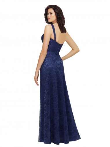 Bleu marine foncé Trapèze Col V Dentelle Longue Robes demoiselle d'honneur