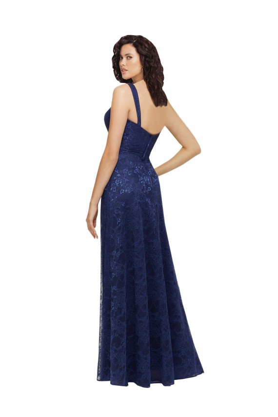 Bleu marine foncé Trapèze Col V Dentelle Longue Robes demoiselle d'honneur Pas Cher