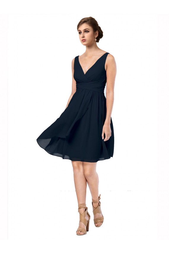 Bleu marine foncé Trapèze Col V Mousseline Courte Robes demoiselle d'honneur / Robes de cocktail Pas Cher