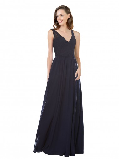 Bleu marine foncé Trapèze Col V Mousseline Dentelle Longue Robes demoiselle d'honneur Pas Cher
