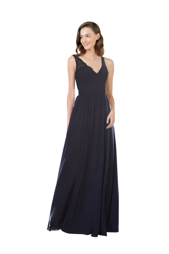 Bleu marine foncé Trapèze Col V Mousseline Dentelle Longue Robes demoiselle d'honneur Pas Cher
