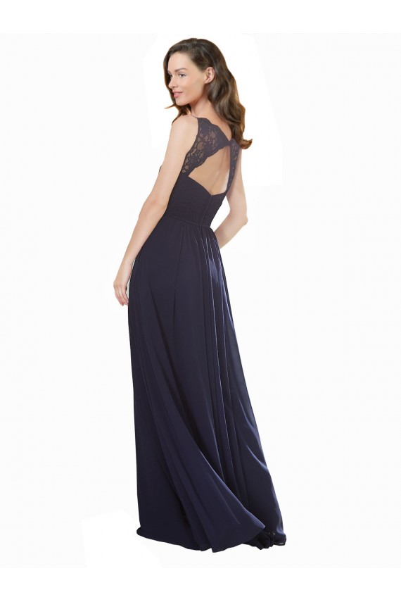 Bleu marine foncé Trapèze Col V Mousseline Dentelle Longue Robes demoiselle d'honneur Pas Cher