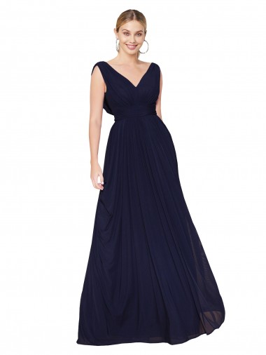 Bleu marine foncé Trapèze Col V Mousseline Longue Formelles Robes demoiselle d'honneur / Robes de soirée / Robes de bal Pas Cher