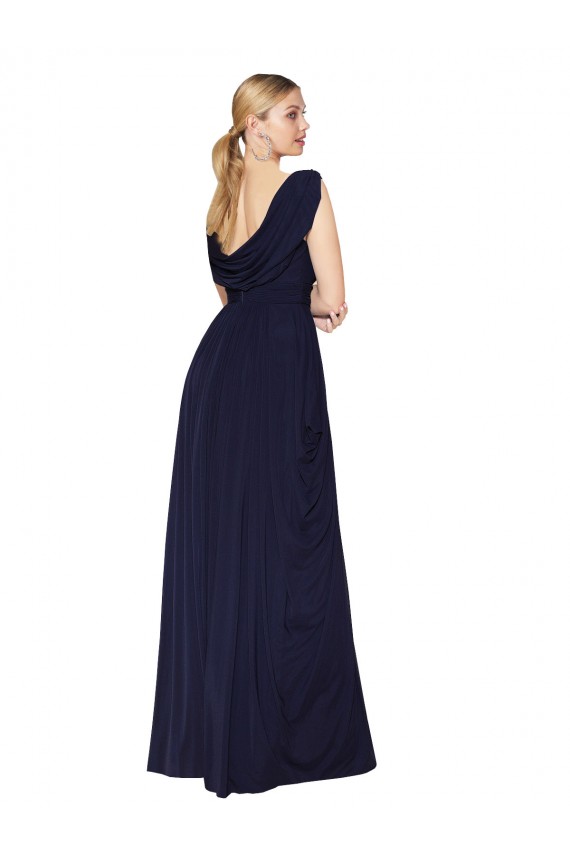 Bleu marine foncé Trapèze Col V Mousseline Longue Formelles Robes demoiselle d'honneur / Robes de soirée / Robes de bal Pas Cher