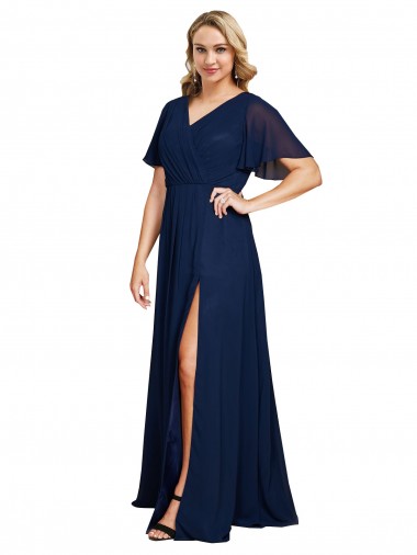 Bleu marine foncé Trapèze Col V Mousseline Longue Formelles Robes demoiselle d'honneur / Robes de soirée / Robes de bal Pas Cher