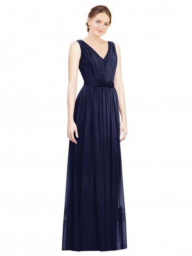 Bleu marine foncé Trapèze Col V Mousseline Longue Robes demoiselle d'honneur Pas Cher