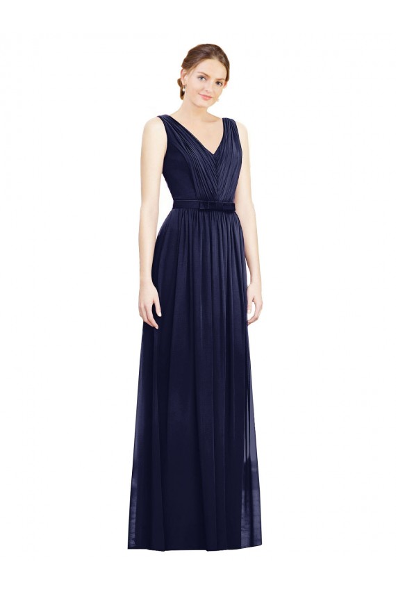 Bleu marine foncé Trapèze Col V Mousseline Longue Robes demoiselle d'honneur Pas Cher