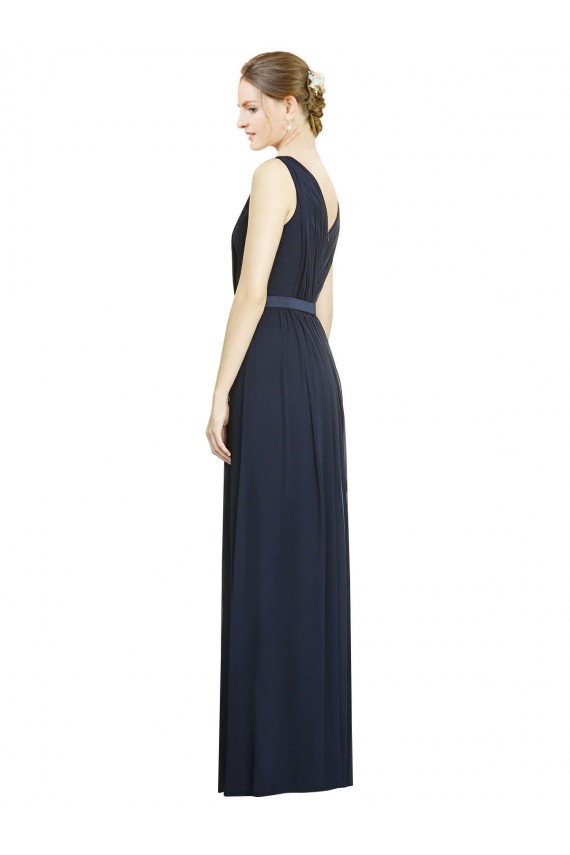 Bleu marine foncé Trapèze Col V Mousseline Longue Robes demoiselle d'honneur Pas Cher