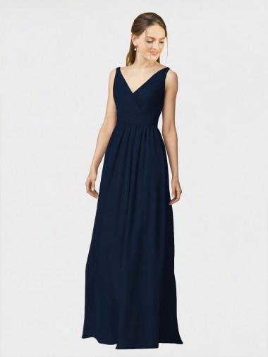 Bleu marine foncé Trapèze Col V Mousseline Longue Robes demoiselle d'honneur Pas Cher