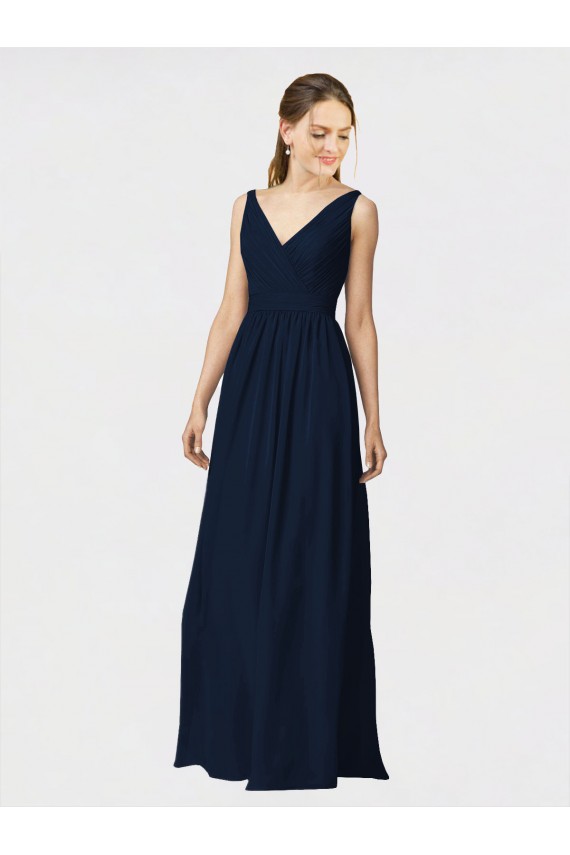 Bleu marine foncé Trapèze Col V Mousseline Longue Robes demoiselle d'honneur Pas Cher
