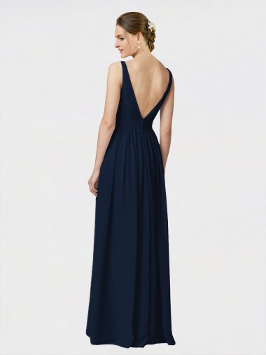 Bleu marine foncé Trapèze Col V Mousseline Longue Robes demoiselle d'honneur
