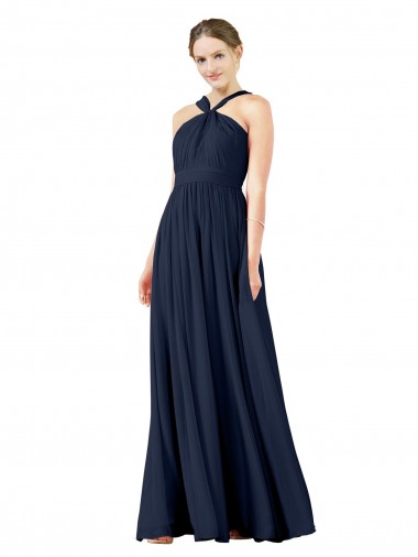 Bleu marine foncé Trapèze Col V Mousseline Longue Robes demoiselle d'honneur Pas Cher