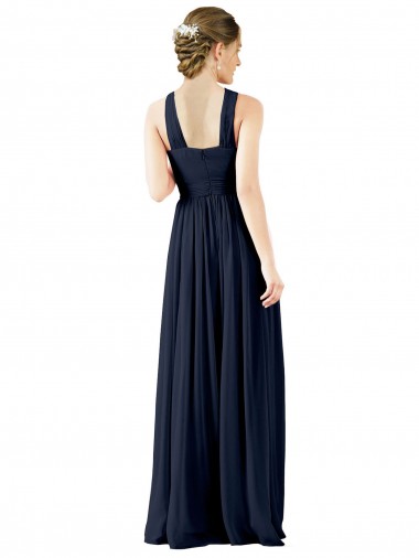 Bleu marine foncé Trapèze Col V Mousseline Longue Robes demoiselle d'honneur