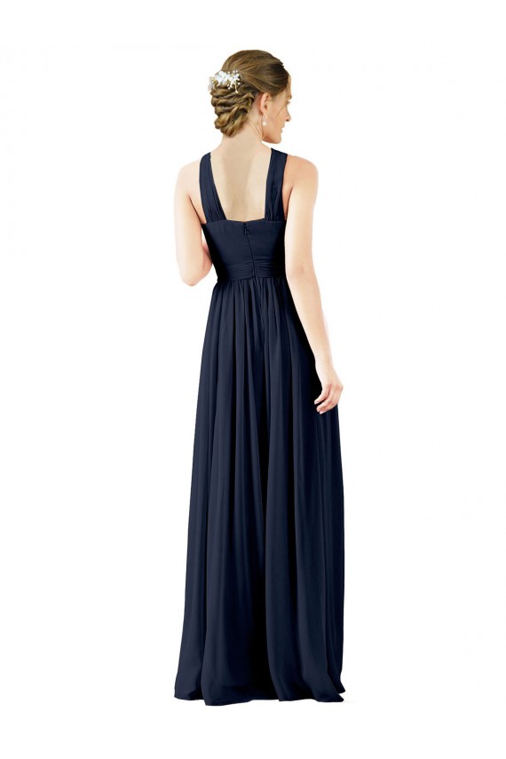 Bleu marine foncé Trapèze Col V Mousseline Longue Robes demoiselle d'honneur Pas Cher