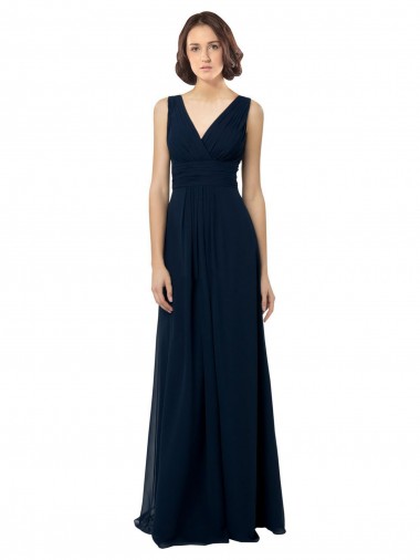 Bleu marine foncé Trapèze Col V Mousseline Longue Robes demoiselle d'honneur Pas Cher