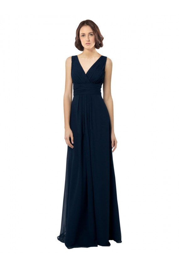 Bleu marine foncé Trapèze Col V Mousseline Longue Robes demoiselle d'honneur Pas Cher