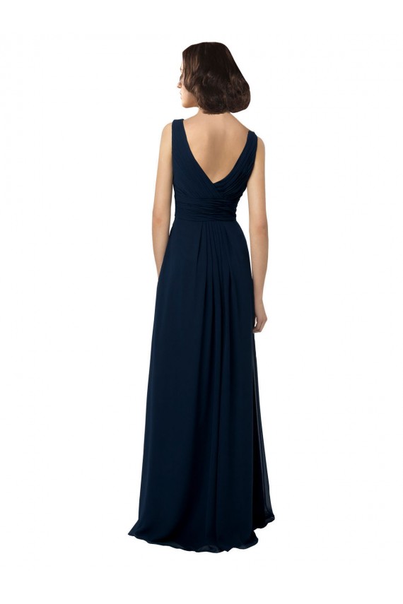 Bleu marine foncé Trapèze Col V Mousseline Longue Robes demoiselle d'honneur Pas Cher