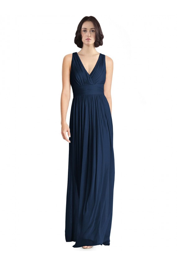 Bleu marine foncé Trapèze Col V Mousseline Longue Robes demoiselle d'honneur Pas Cher