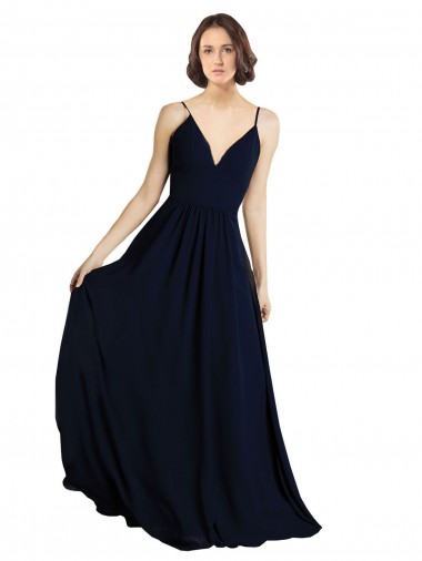 Bleu marine foncé Trapèze Col V Mousseline Longue Robes demoiselle d'honneur Pas Cher