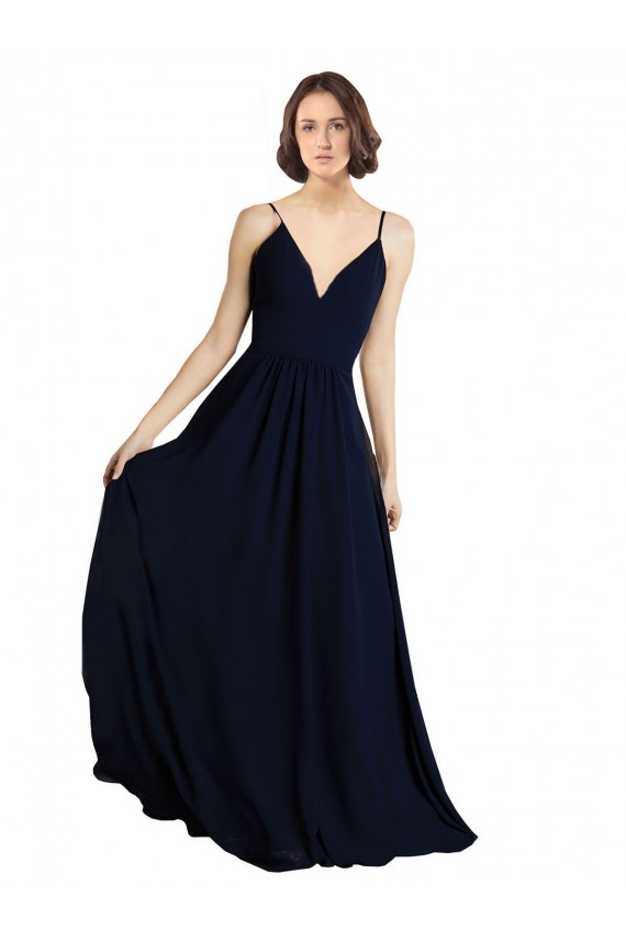 Bleu marine foncé Trapèze Col V Mousseline Longue Robes demoiselle d'honneur Pas Cher