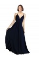 Bleu marine foncé Trapèze Col V Mousseline Longue Robes demoiselle d'honneur Pas Cher