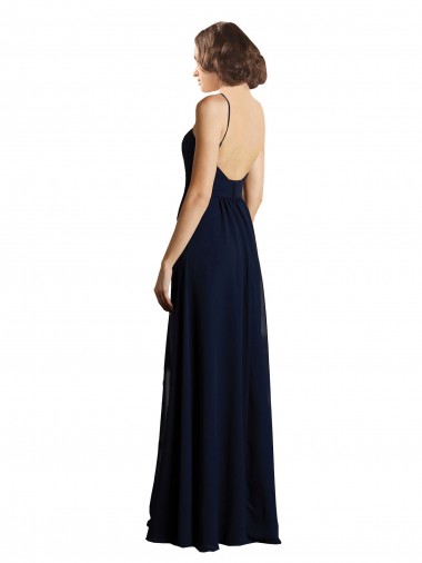 Bleu marine foncé Trapèze Col V Mousseline Longue Robes demoiselle d'honneur