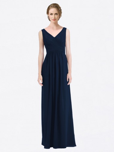 Bleu marine foncé Trapèze Col V Mousseline Longue Robes demoiselle d'honneur Pas Cher