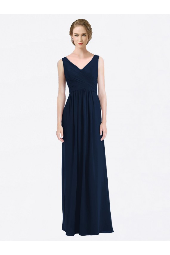 Bleu marine foncé Trapèze Col V Mousseline Longue Robes demoiselle d'honneur Pas Cher