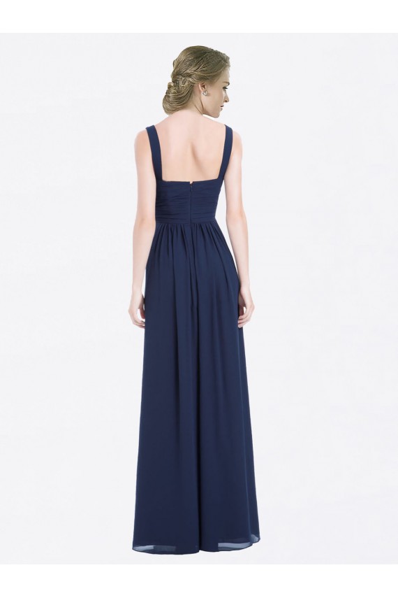 Bleu marine foncé Trapèze Col V Mousseline Longue Robes demoiselle d'honneur Pas Cher