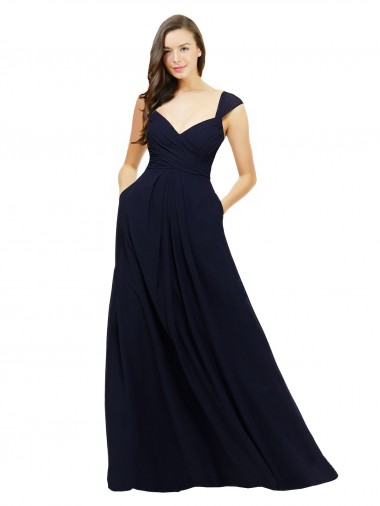 Bleu marine foncé Trapèze Col V Mousseline Longue Robes demoiselle d'honneur Pas Cher