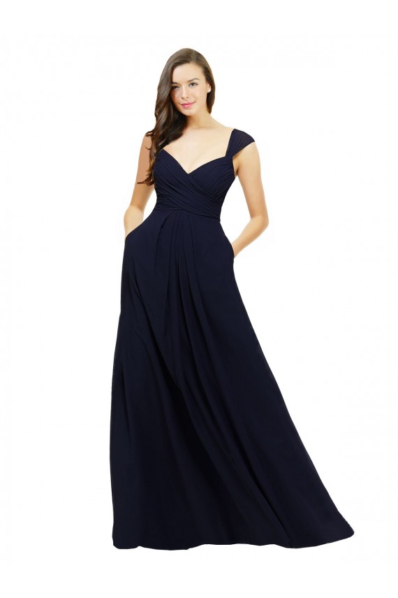 Bleu marine foncé Trapèze Col V Mousseline Longue Robes demoiselle d'honneur Pas Cher