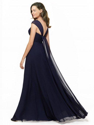 Bleu marine foncé Trapèze Col V Mousseline Longue Robes demoiselle d'honneur