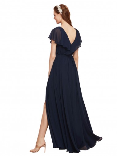 Bleu marine foncé Trapèze Col V Mousseline Longue Robes demoiselle d'honneur