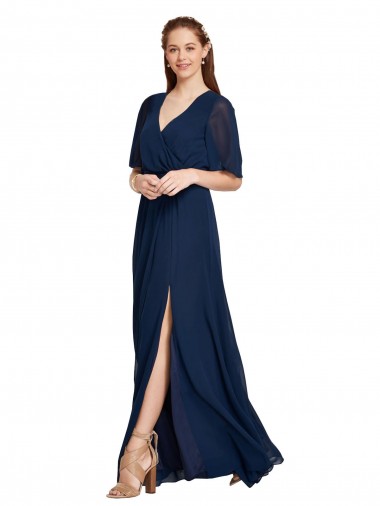 Bleu marine foncé Trapèze Col V Mousseline Longue Robes demoiselle d'honneur Pas Cher