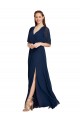Bleu marine foncé Trapèze Col V Mousseline Longue Robes demoiselle d'honneur Pas Cher